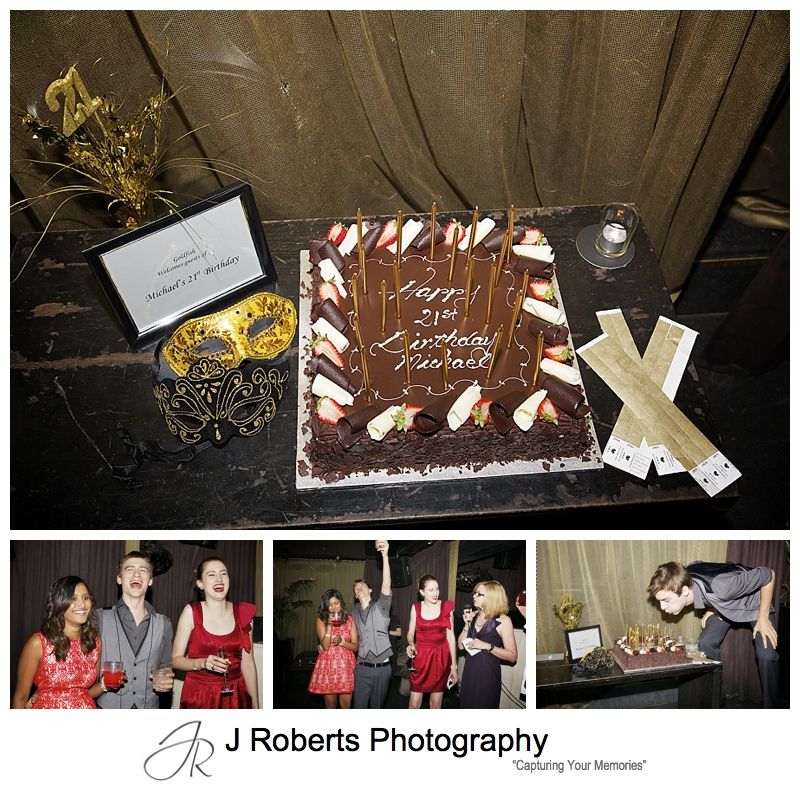 21st birthday cake and masquerade masks - sydney party photography